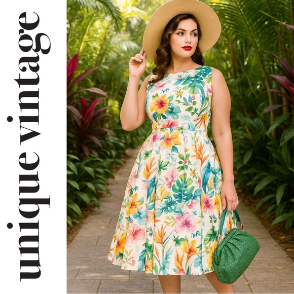 Unique Vintage Dresses & Skirts - Unique Vintage 50s Tropical White & Orange Floral Cotton Swing Dress, Large, NWT
